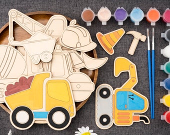 DIY Wooden Construction Vehicle Coloring Kit: Kids Craft Set