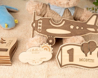 Vintage Airplane Baby Monthly Milestone Sign: Wooden Photo Props