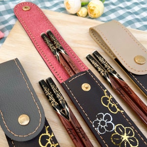 Personalized Rosewood chopsticks with leather pouch. Japanese chopsticks, Chopstick pouch, Wedding favor chopsticks, Engraved Chopsticks.