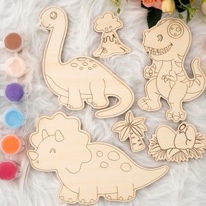 May include: Wooden dinosaur cutouts for painting, including a Brontosaurus, T-Rex, and Triceratops. Paint pots in various colors and paintbrushes are included. A fun craft activity for kids.