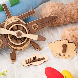 Avion vintage pour bébé, Milestone mensuel. Ensemble de panneaux mensuels pour bébé, décor d'avion. Enseigne mensuelle personnalisée. Jalon mensuel des accessoires photo.
