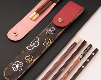 Palillos de palisandro personalizados con funda de cuero. Palillos japoneses, funda para palillos, palillos como detalle para bodas, palillos grabados.