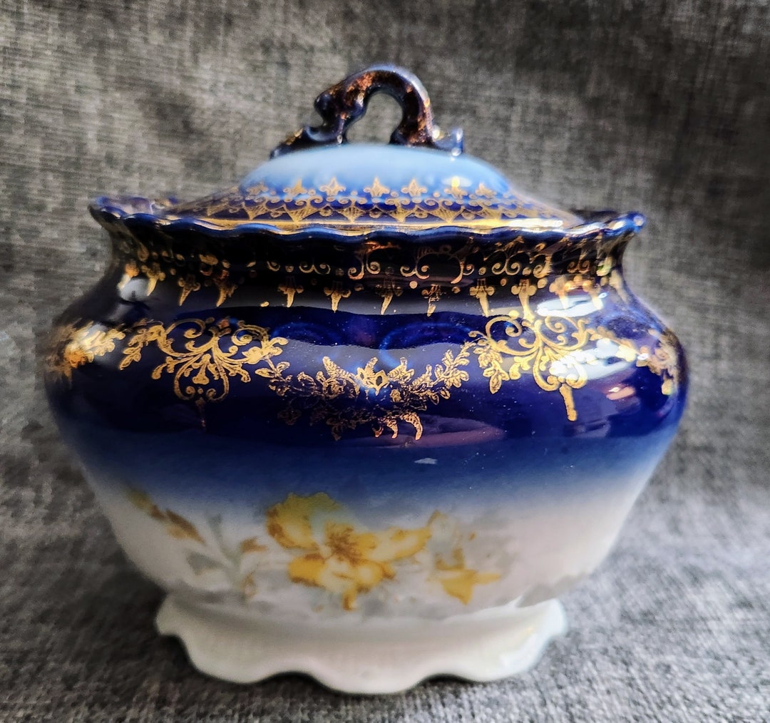 Vintage Flow Blue Sugar Bowl With Lid Austria Etsy