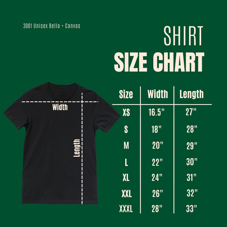 May include: A size chart for a unisex t-shirt, showing the width and length measurements in inches for sizes XS to XXXL. The chart is on a green background with the words "Shirt Size Chart" in white.
