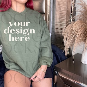 Gildan 18000 Sweatshirt Mockup Military Green Sweatshirt Mockup Military Green Crewneck Mockup Heavy Blend Sweatshirt Model Mockup G180