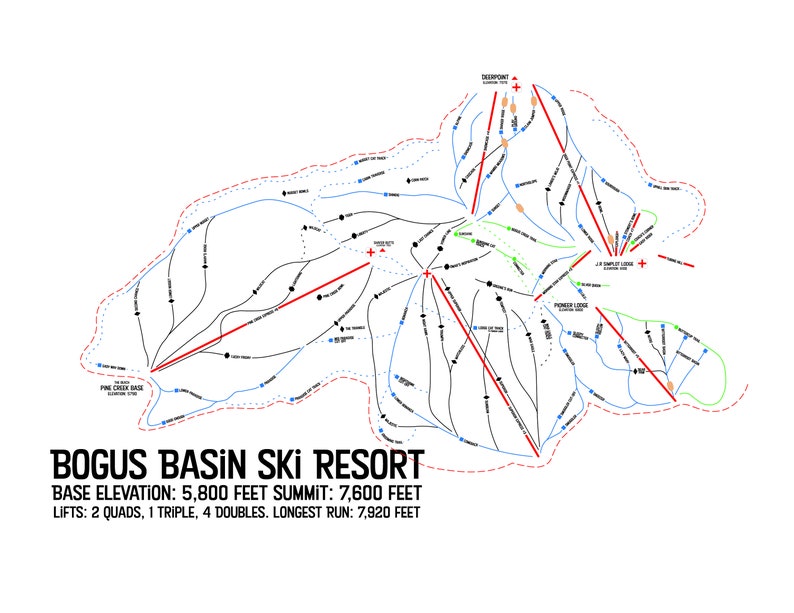 Bogus Basin Aesthetic Trail Map Skiing Poster Snowboarding Poster Winter Decor Wall Art