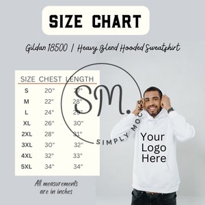 Gildan 18500 Hoodie Sweatshirt Size Chart, Gildan Size Chart, Size Chart Mockup