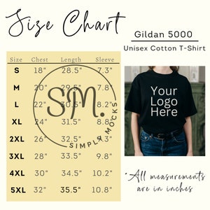Gildan 5000 Unisex Cotton T-Shirt Size Chart, Gildan Size Chart, Size Chart Mockup