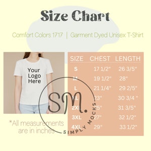 Comfort Colors 1717 Size Chart, Digital File Download, Comfort Colors 1717 Shirt Size PNG File