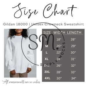 Gildan 18000 Unisex Crewneck Pullover Sweatshirt Size Chart, Gildan Size Chart Mockup