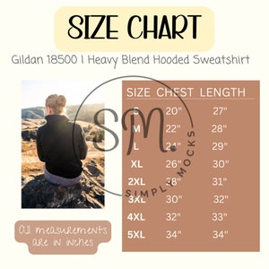 Gildan 18500 Hoodie Sweatshirt Size Chart, Gildan Size Mockups, Gildan Size Chart PNG File