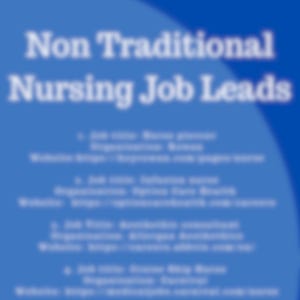 Könnte beinhalten: Ein blauer Hintergrund mit weißem Text, der "Non Traditional Nursing Job Leads" lautet. Der Text befindet sich in einem Kreis mit weißem Rand. Der Text unter dem Titel listet 10 verschiedene nicht-traditionelle Stellenangebote im Pflegebereich auf.