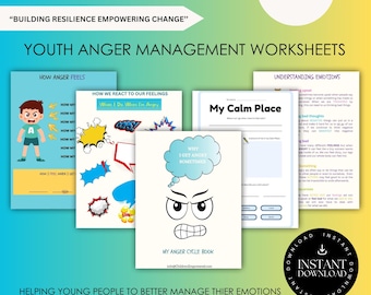 May include: A set of youth anger management worksheets, including "How Anger Feels" and "My Calm Place." The "My Anger Cycle Book" cover displays an angry face. The image also features the text "Building Resilience Empowering Change" and "Instant Download."