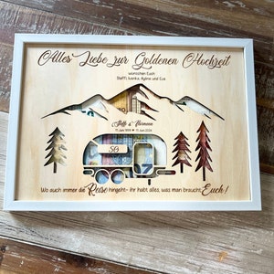Geldgeschenk für Paare, Wohnwagen Geschenk zur goldenen Hochzeit, Hochzeit, silbernen Hochzeit, Wunscherfüller. Camping , Reisekasse