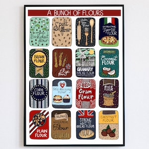 May include: A white poster with the title "A Bunch of Flours" and illustrations of different types of flour, including spelt, buckwheat, brown, rye, granary, extra fine, coconut, corn, self-raising, gram, rice, organic wholemeal, strong white bread, and chestnut.