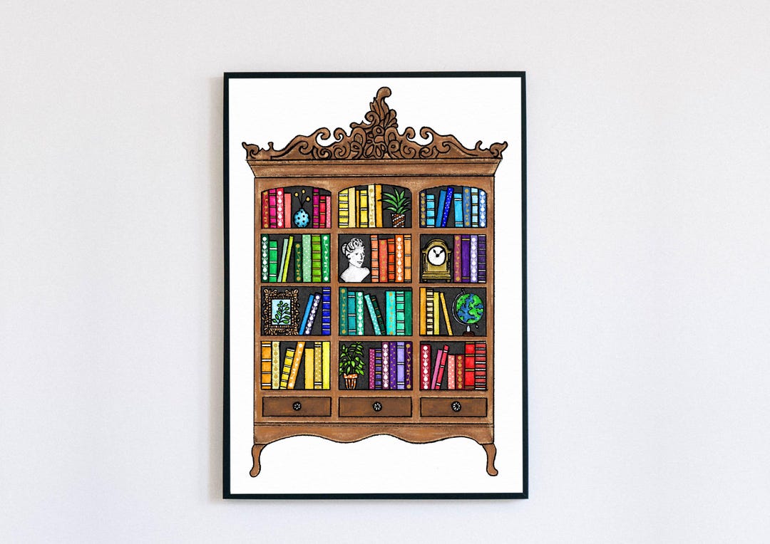 Books Art Print, Bookcase Print, Reading Theme Wall Art, Bookworm Print ...
