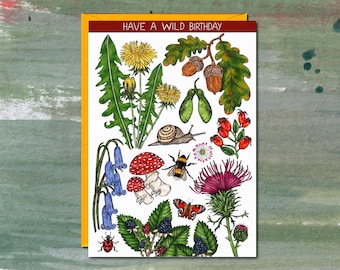 Gardening Birthday Card, Insect Birthday, Snail Card, Wildflower Print, Allotment Card, British Countryside, Foraging, Flora and Fauna Card