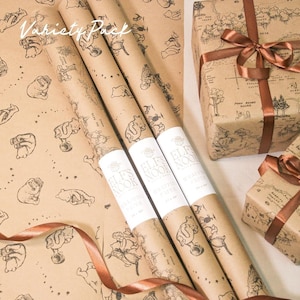 Confezione da 3 rotoli di carta da regalo ecologica Winnie-the-Pooh / Carta da regalo riciclata con illustrazioni classiche vintage per Natale, compleanno e festa