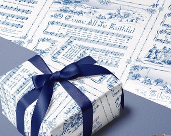 Christmas Carol Festive Wrapping Paper Rolls | Blue Vintage Holiday Music Sheets Gift Wraps