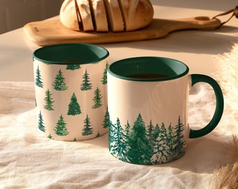 Collection de tasses vertes d’hiver | Illustration dessinée à la main Mug cadeau de Noël | Arbres d’hiver à feuilles persistantes et tasse de forêt 11oz