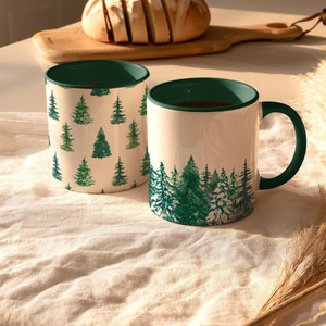 Winter Green Mug Collection | Hand-drawn Illustration Christmas Gift Mug | Evergreen Winter Trees & Forest Mug 11oz