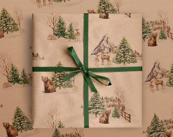 Winter Bear & Deer Eco Christmas Gift Wrapping Papers | Classic Watercolor Animal in Snowfield Recycled Paper Holiday Gift Wraps