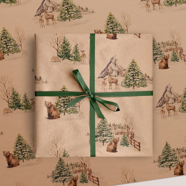 Winter Bear & Deer Eco Christmas Gift Wrapping Papers | Classic Watercolor Animal in Snowfield Recycled Paper Holiday Gift Wraps