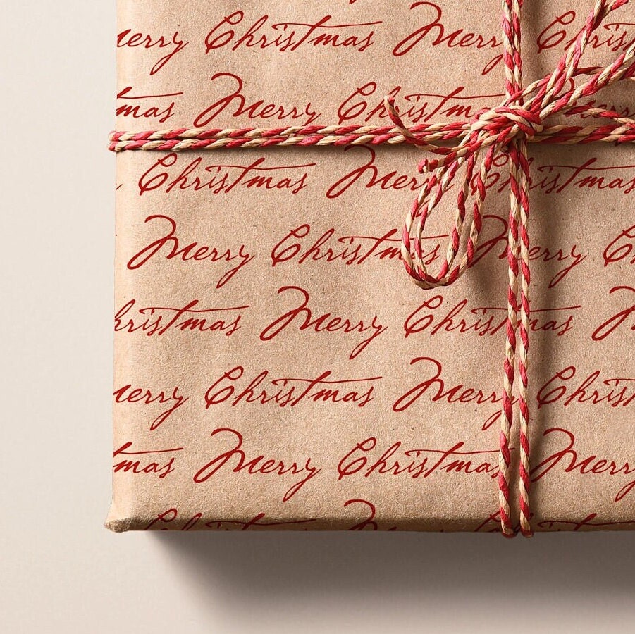 Merry Christmas Eco Gift Wraps Classic Holiday Red Calligraphy Recycled  Kraft Brown Wrapping Paper Rolls Sustainable Gift Wraps 