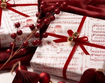 Christmas Carol Red Wrapping Paper Rolls | Vintage Festive Holiday Music Sheets Gift Wraps