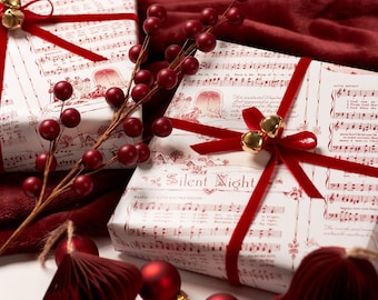 Christmas Carol Red Wrapping Paper Rolls | Vintage Festive Holiday Music Sheets Gift Wraps