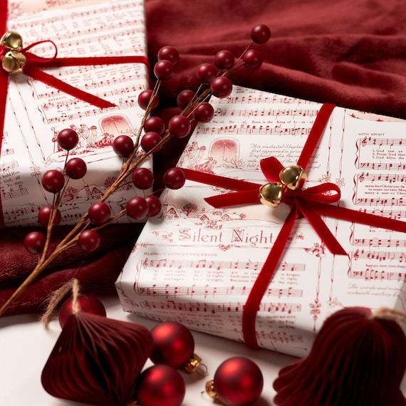 Christmas Carol Red Wrapping Paper Rolls | Vintage Festive Holiday Music Sheets Gift Wraps