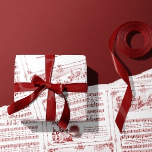 Julsaga Rött Omslagspapper i Rullar | Vintage Festliga Julmusiknoter Presentpapper bild 5