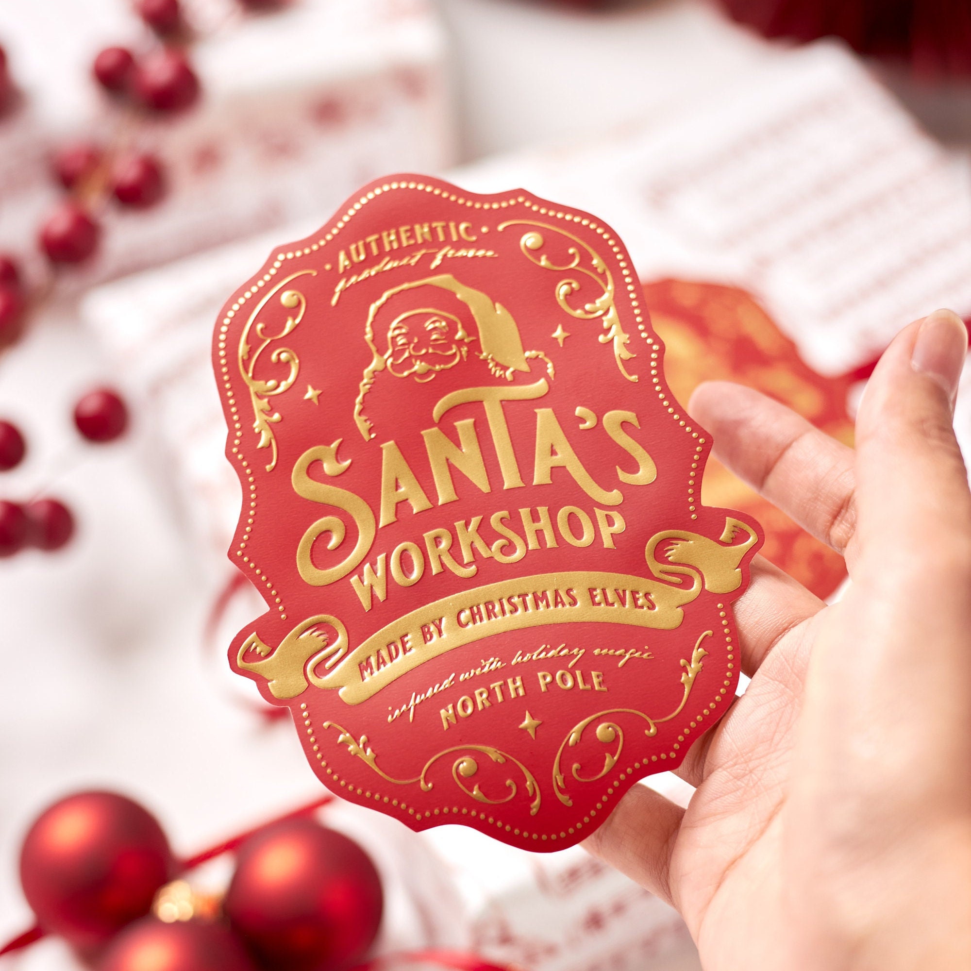 Christmas Gift Tag Stickers for Children's Holiday Presents, Premium Large Gold Embossed Labels for Kids Gift Wrapping, Santa's Workshop