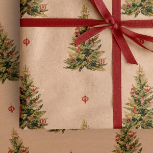 Christmas Tree Eco Gift Wrapping Papers Watercolor Holiday Illustration on Recycled Kraft Brown Paper Rolls Sustainable Gift Wraps image 2