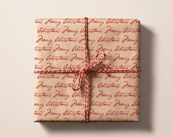 Merry Christmas Eco Gift Wraps | Classic Holiday Red Calligraphy Recycled Kraft Brown Wrapping Paper Rolls | Sustainable Gift Wraps