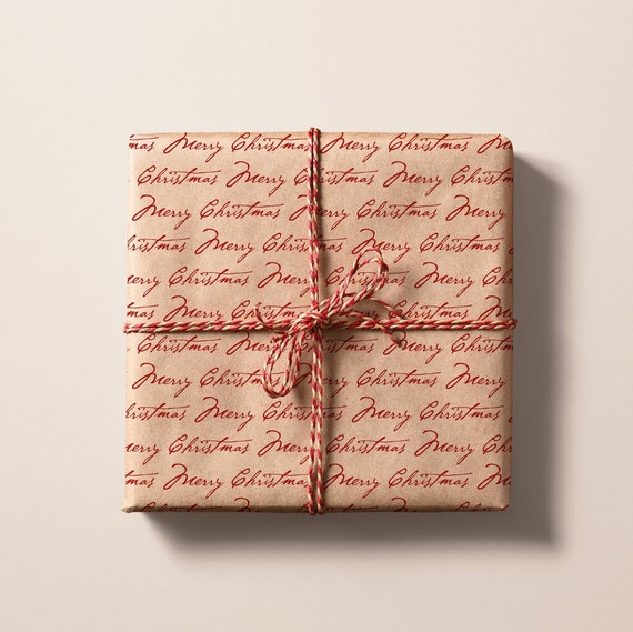 Merry Christmas Eco Gift Wraps Classic Holiday Red Calligraphy Recycled Kraft  Brown Wrapping Paper Rolls Sustainable Gift Wraps 