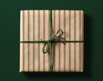 Rustikales Streifen Eco Geschenkpapier Grün | Recycelte und nachhaltige Weihnachtsgeschenkverpackung für Vintage Bauernhaus-Feiertagsdekoration