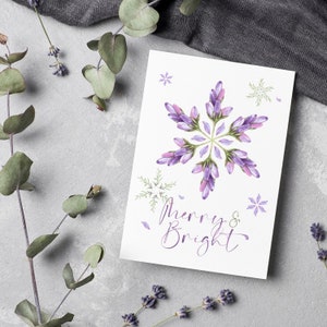 Lavender Snowflake Blossom Greeting Cards With Envelopes Merry & Bright Flower Purple Christmas Holiday Card Pack, Set Of 5, 10, 25, 50 image 3