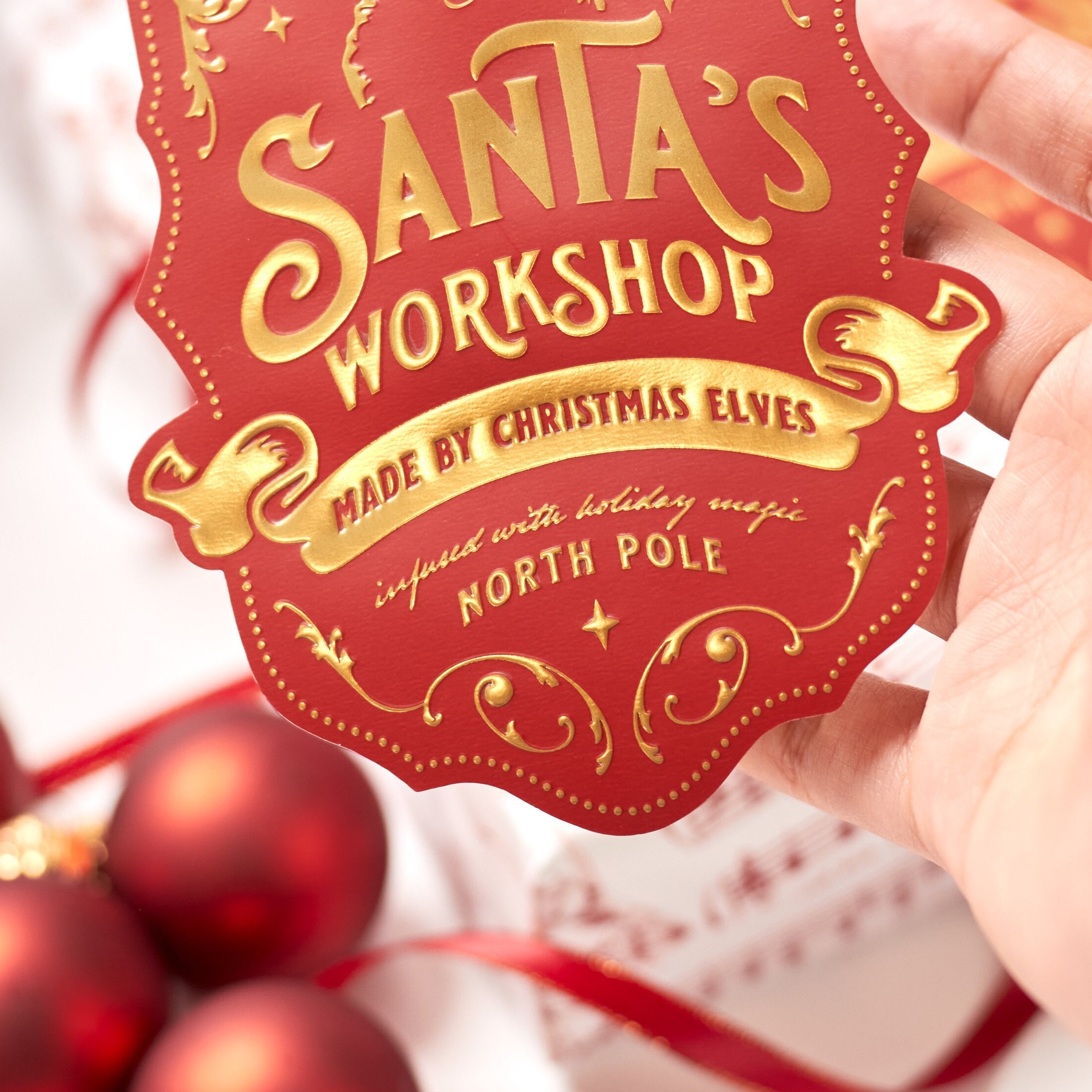 Christmas Gift Tag Stickers for Children's Holiday Presents, Premium Large Gold Embossed Labels for Kids Gift Wrapping, Santa's Workshop