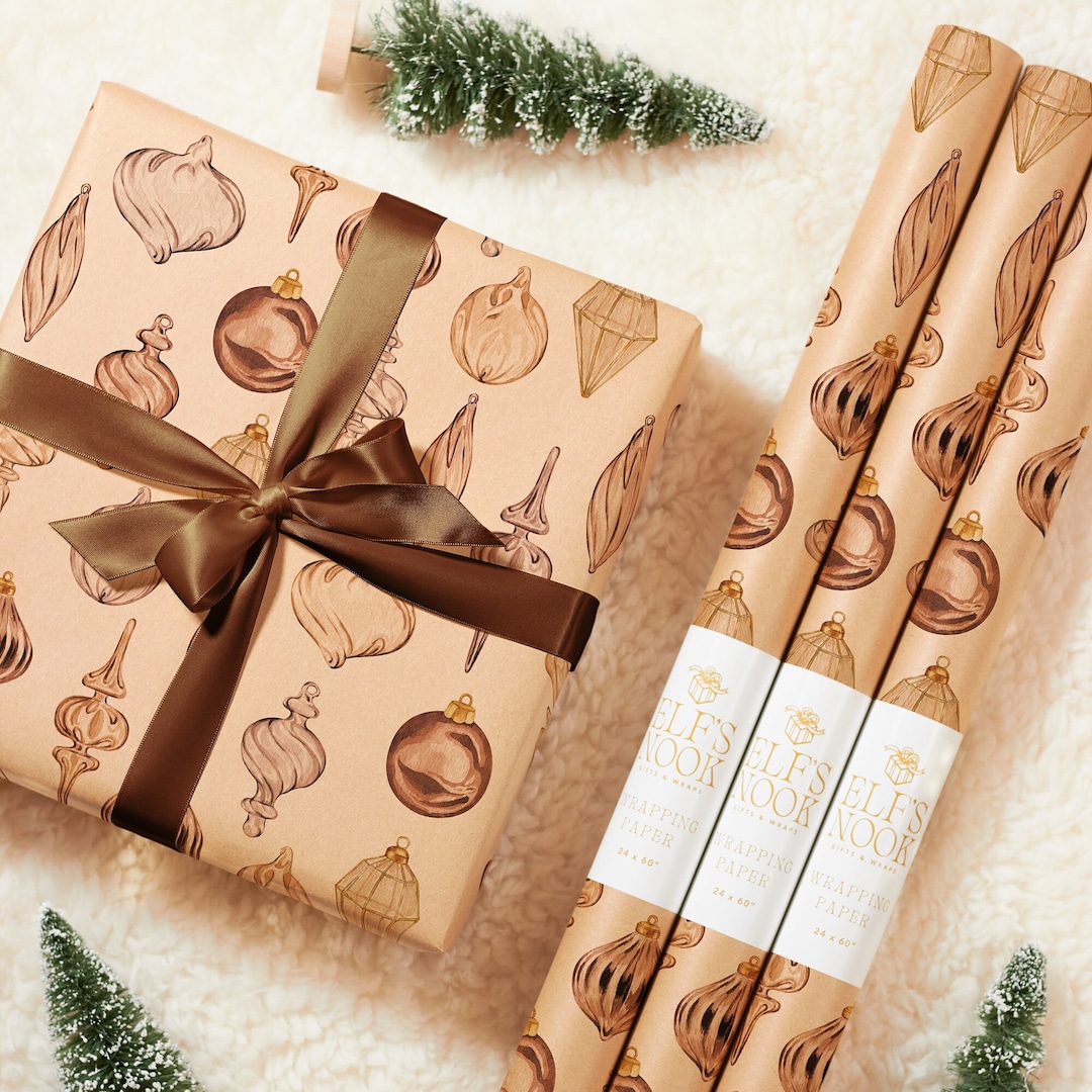 Eco Christmas Wrapping Paper With Vintage Copper Brown & Gold Ornaments  Recycled Sustainable Gift Wrap for Rustic Holiday Decorations 