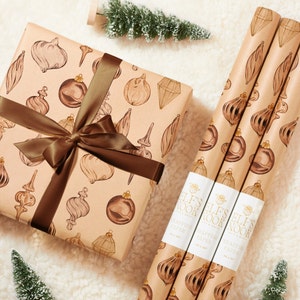 Eco Christmas Wrapping Paper with Vintage Copper Brown & Gold Ornaments | Recycled Sustainable Gift Wrap for Rustic Holiday Decorations