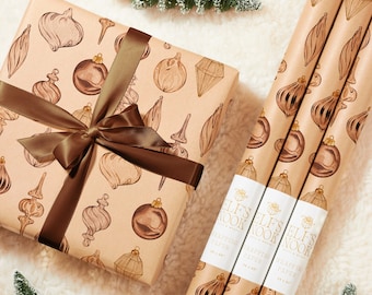 Eco Christmas Wrapping Paper with Vintage Copper Brown & Gold Ornaments | Recycled Sustainable Gift Wrap for Rustic Holiday Decorations