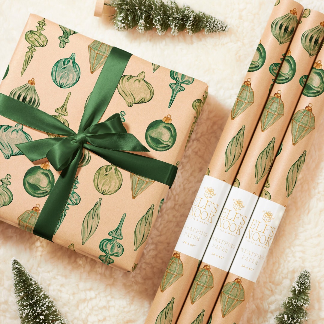Eco Christmas Wrapping Paper With Vintage Green Ornaments Recycled