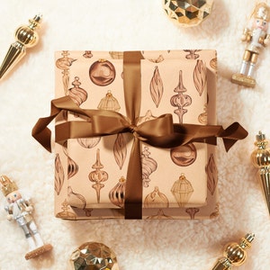Eco Christmas Wrapping Paper with Vintage Copper Brown & Gold Ornaments Recycled Sustainable Gift Wrap for Rustic Holiday Decorations image 5