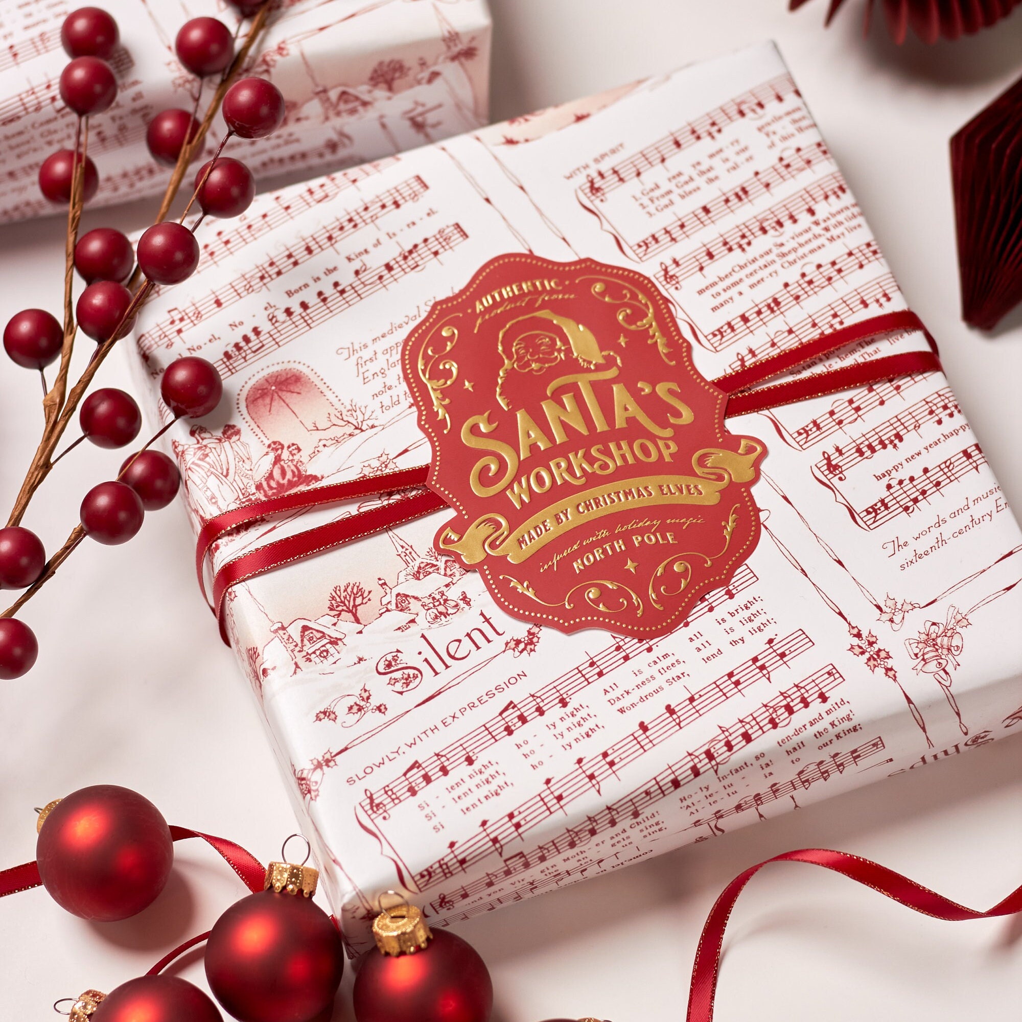 Christmas Gift Tag Stickers for Children's Holiday Presents, Premium Large Gold Embossed Labels for Kids Gift Wrapping, Santa's Workshop