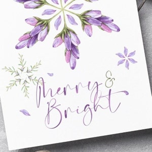 Lavender Snowflake Blossom Greeting Cards With Envelopes Merry & Bright Flower Purple Christmas Holiday Card Pack, Set Of 5, 10, 25, 50 image 5