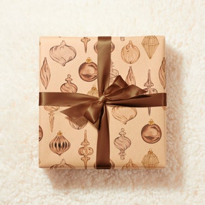 Eco Christmas Wrapping Paper with Vintage Copper Brown & Gold Ornaments Recycled Sustainable Gift Wrap for Rustic Holiday Decorations 1 Roll