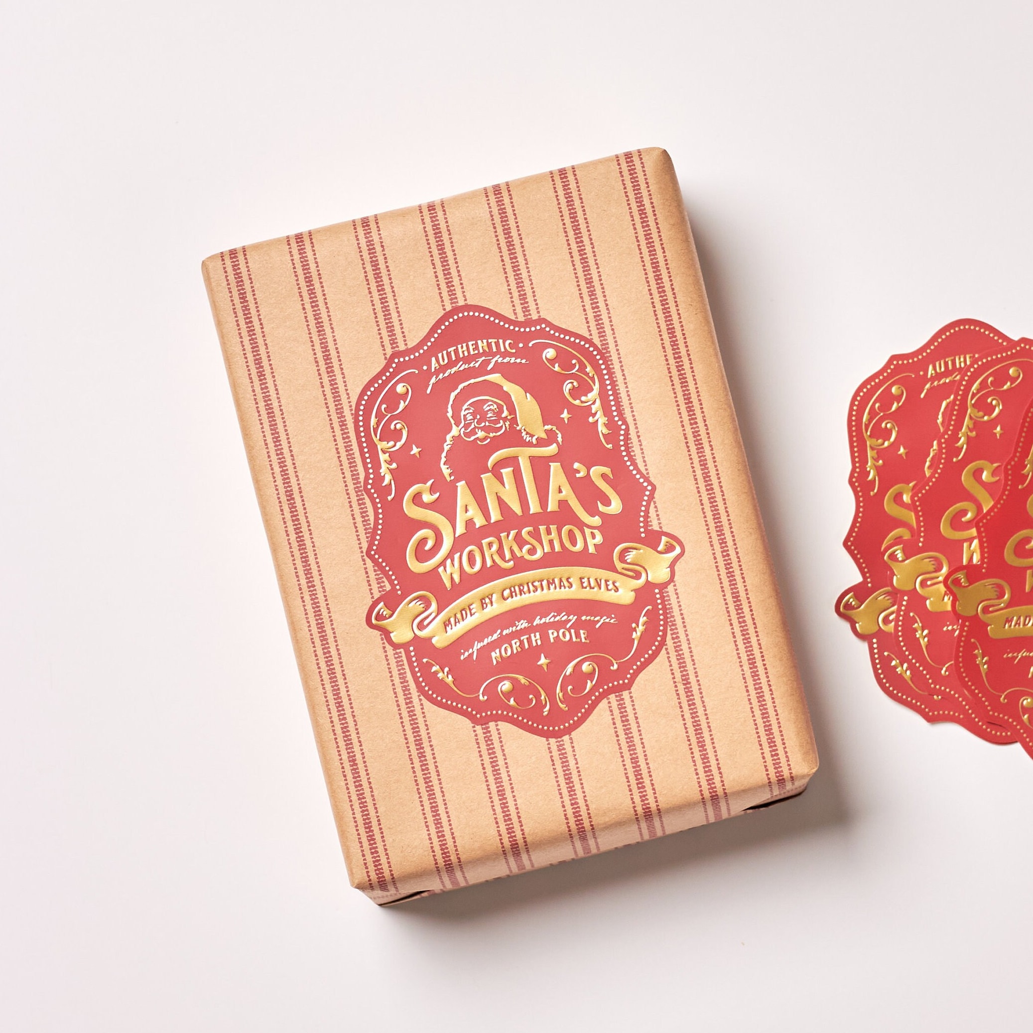 Christmas Gift Tag Stickers for Children's Holiday Presents, Premium Large Gold Embossed Labels for Kids Gift Wrapping, Santa's Workshop