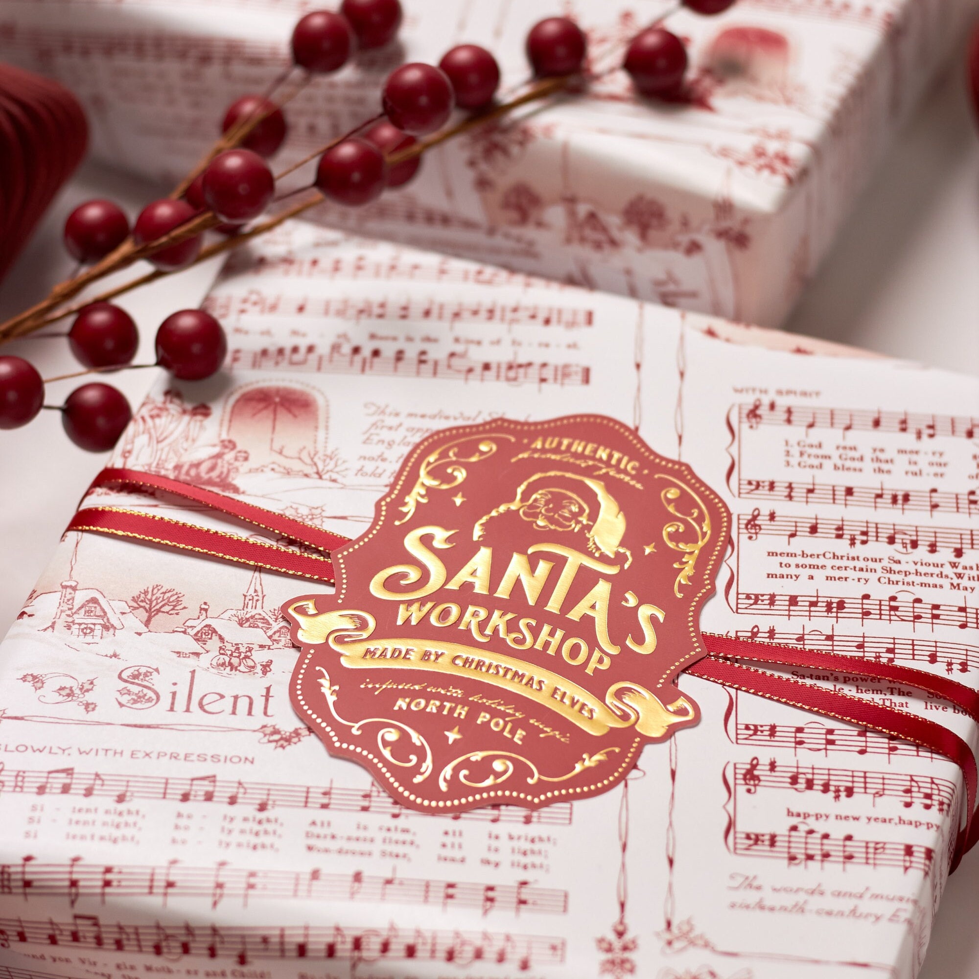 Christmas Gift Tag Stickers for Children's Holiday Presents, Premium Large Gold Embossed Labels for Kids Gift Wrapping, Santa's Workshop