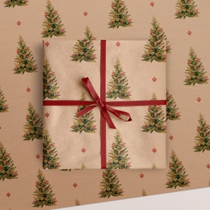 Carta da regalo ecologica con albero di Natale / Illustrazione natalizia ad acquerello su rotoli di carta kraft marrone riciclata / Confezioni regalo sostenibili